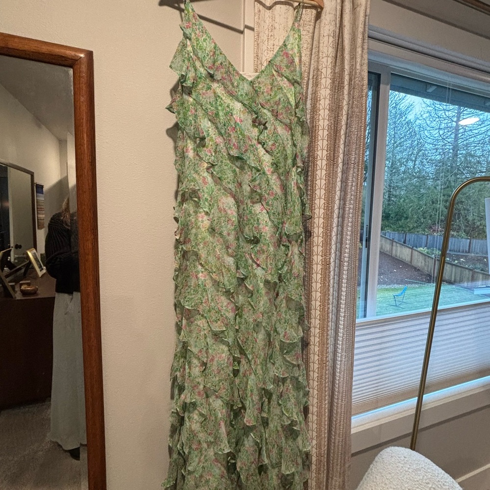 Anthropologie BHLDN Jia printed Bias-Cut ruffled V-Neck Gown Maxi Dress